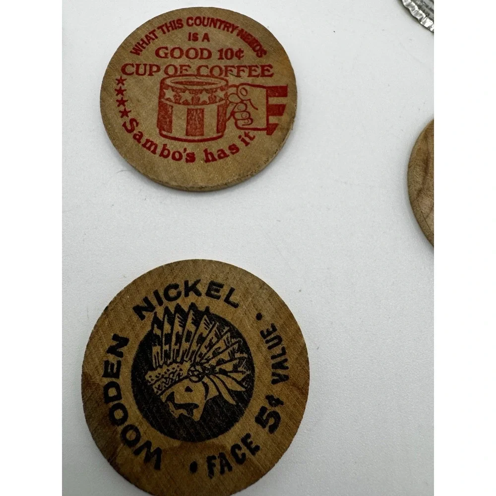 Vintage Advertising Lot Roberts Milk Caps Sambos Coffee Token Wooden Nickels 6pc